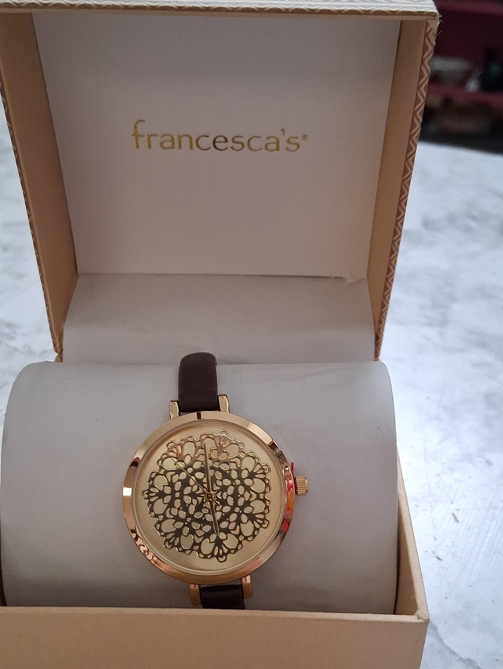 Francesca's Collections Gold Floral Cutout Dial Watch with Brown Strap